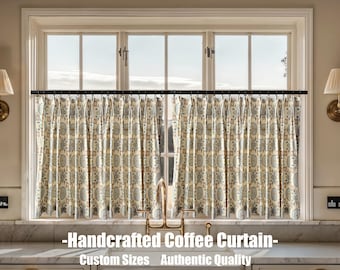 Light Yellow Floral Pattern Linen Cafe Curtains, Custom Size Farmhouse Drapes, Round Blue FLower