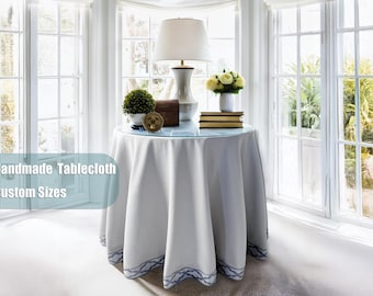 Light Grey Linen Blend Tablecloth, Round Ruffled Table Skirt with Blue Trim, Custom Sizes