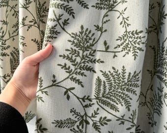 Custom Cotton Cafe Curtain with Green Print, Natural Blend Short Panels, Rustic Drapes