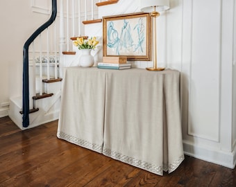 Custom Beige Table Skirt: Pleated Linen with Grey Trim