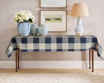 Handmade Linen Checkered Tablecloth | Blue and White, Custom Size