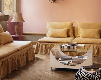 Yellow Linen Sofa Slipcover with Skirt, Custom Sizes Colors, Cushion Covers