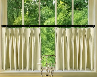 Green Pleated Ticking Striped Cafe Curtain, Bathroom Curtains, One Panel