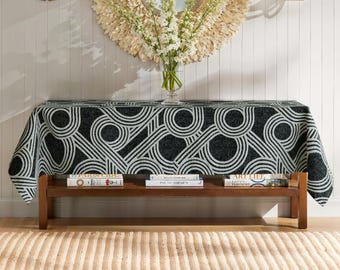 Handmade Linen Tablecloth with Spiral Circular Geometric Pattern | Custom size | Washable | Durable | Pet-friendly