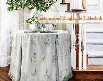 Embroidered Light Blue Table Skirt, Floral Round Tablecloth with Green Tassel, Custom Size