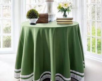 Mantel de lino verde, faldón de mesa redondo con volantes y borde blanco, mantel personalizado a medida