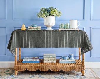 Handmade Black Linen Tablecloth | White Striped, Custom Size