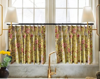 Custom Cafe Curtains with Tulip & Parakeet Motif,  Saffron–Sage Colourway, Tailored Sizes Farmhouse Curtains