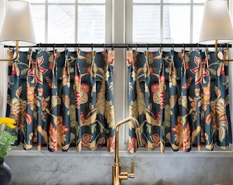 Cortinas modernas con estampado floral rojo y azul, tratamiento de ventana a medida, paneles rústicos