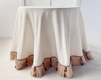 Cream White Linen Round Ruffled Table Skirt, Custom Size Table Cover with Tassel, Gift