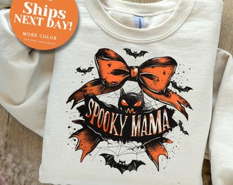 Spooky Mama Halloween Sweatshirt, Bat Bow Crewneck