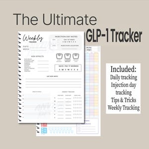 May include: A spiral-bound weekly GLP-1 tracker with sections for injection notes, side effects, and weight tracking. The tracker includes daily and weekly tracking pages, tips, and space for health goals.