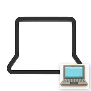 May include: A black outline of a laptop computer with a white background. A smaller, detailed image of a laptop with a blue screen and keyboard is in the lower right corner. The laptop is silver and gold.