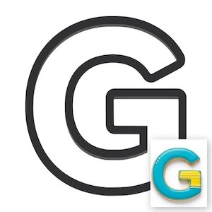 May include: A large, outlined letter "G" in black, with a smaller, colorful version in the lower right corner. The smaller "G" is blue, yellow, and white, resembling a cookie or a logo.