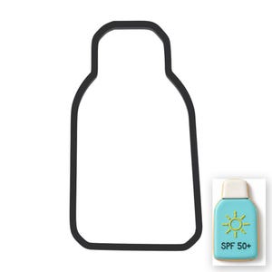 May include: Black metal cookie cutter in the shape of a sunscreen bottle. A small, decorated cookie in the shape of a sunscreen bottle is in the lower right corner. The cookie is light blue with a yellow sun graphic and the text "SPF 50+".