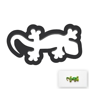 May include: A black and white lizard-shaped object. The lizard has a thick black outline and a white interior. A smaller, colorful lizard is in the bottom right corner. The lizard is a decorative item.
