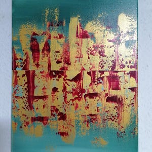 Pintura acrílica abstracta sobre lienzo de 30 x 40 cm | Verde salvia con magenta y dorado | Arte moderno | Obra original | Obra acrílica