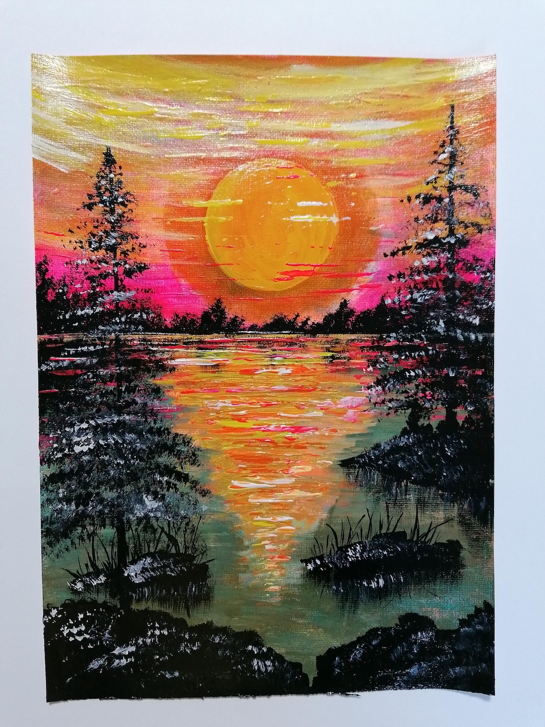 Acrylic Painting on Canvas Paper | A4 | Landscape | Sunset | Fir Trees ...