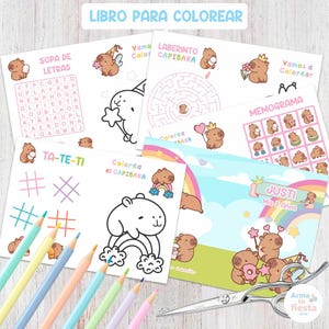 Puede incluir: Un conjunto de hojas de actividades infantiles con ilustraciones de capibaras, que incluyen una sopa de letras, un laberinto y páginas para colorear. También se muestran lápices de colores y tijeras. El texto "LIBRO PARA COLOREAR" está en la parte superior.