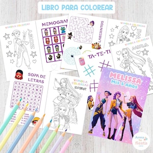 Puede incluir: Una colección de libros para colorear y páginas de actividades, con ilustraciones de personajes animados y juegos. Los libros incluyen laberintos, sopas de letras y páginas para colorear con el texto "Libro Para Colorear" y "Melissa Mis 5 Años".