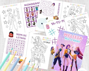 May include: A selection of children's activity books, including colouring pages, mazes, and word searches. The books feature illustrations of animated characters and the text "Libro Para Colorear" and "Melissa Mis 5 Años".