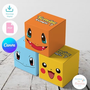 Puede incluir: Tres cajas cúbicas de colores con caras de personajes de dibujos animados. La caja naranja tiene el texto "Tomás Cumple 7". La caja azul tiene la cara de Squirtle, la naranja la de Charmander y la amarilla la de Pikachu.