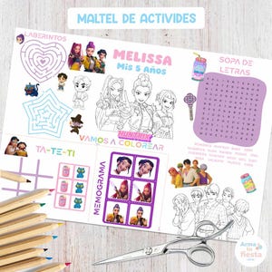 Puede incluir: Un mantel individual de actividades blanco con varios juegos e ilustraciones. Incluye un laberinto, páginas para colorear, una sopa de letras y un juego de memoria. Presenta personajes de dibujos animados y el texto "Melissa Mis 5 Años".