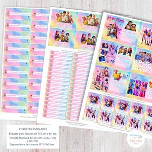 Puede incluir: Hojas de etiquetas y pegatinas escolares coloridas. Las etiquetas presentan fondos de arcoíris pastel y texto. Las pegatinas tienen imágenes de un grupo de personas y el texto "Hunters" y "Kpop Demon Hunters".