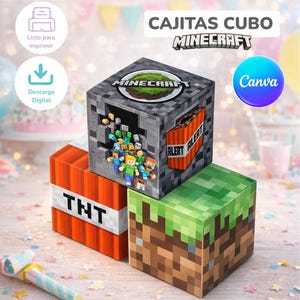 May include: A set of three printable Minecraft-themed cube boxes. One box features a stone texture with a Minecraft logo and character graphics, another is orange with TNT text, and the third displays a green grass and brown dirt block pattern.