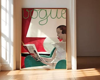 May include: A framed vintage Vogue magazine cover art print. The artwork depicts a woman in a white dress reading a magazine, set against a red and white backdrop. The word "Vogue" is written in green script.