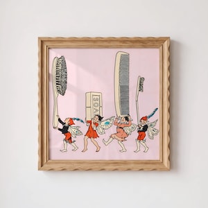 May include: A framed print featuring four fairy-like figures with wings walking in a line on a light pink background. They are carrying a hairbrush, a rectangular bar of soap labelled SOAP, a large comb, and a toothbrush. The frame is light wood.