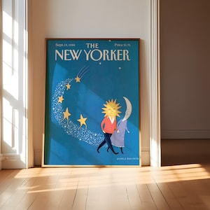 Può includere: Una copertina incorniciata della rivista The New Yorker del 19 settembre 1988, con sfondo blu, che mostra una figura con la testa a forma di sole e una figura a forma di mezzaluna che camminano insieme. Una scia di stelle bianche attraversa la stampa.