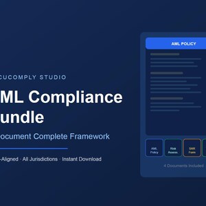 May include: A dark blue graphic with the text "DOCUCOMPLY STUDIO" and "AML Compliance Bundle". It includes a document icon with the text "AML Policy" and other document icons. The text "FATF-Aligned All Jurisdictions Instant Download" is also present.