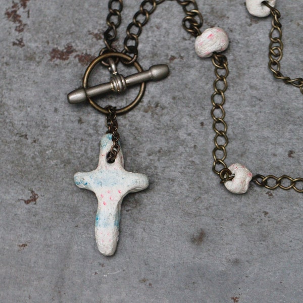 Primitive Cross Necklace - Bronze Toggle Chain and Pastel Colours Pedant - Men's Boho Zen Jewellery