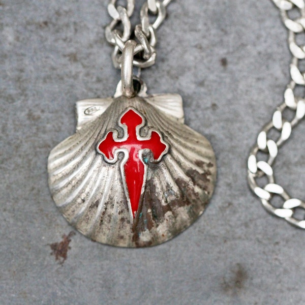 Men's Camino De Santiago Scallop Shell Necklace - Sterling Silver Clam Shell Pendant with Saint James Cross - Pilgrim Souvenir Jewellery