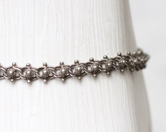 Antique Victorian Bracelet - Portuguese Sterling Silver Floral Chain - Vintage Oxidised Jewellery