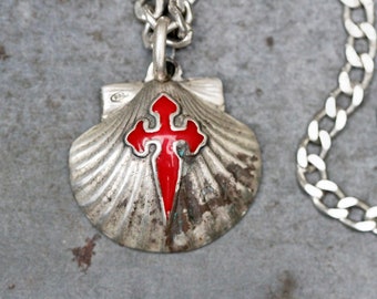 Men's Camino De Santiago Scallop Shell Necklace - Sterling Silver Clam Shell Pendant with Saint James Cross - Pilgrim Souvenir Jewellery