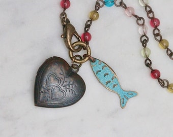 Copper Heart Photo Locket Necklace - Blue Enamel Sardine Pendants on 21 inch Multi Coloured Bead Chain - Vintage Boho Layering Jewellery