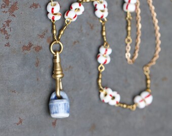 Seaside Holidays Necklace - Miniature Porcelain Blue Bucket Pendant and Nautical Buoy Beads Chain - Vintage Repurposed Beach Summer Jewelry