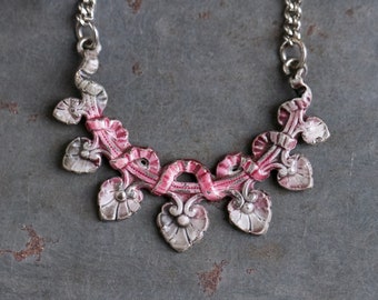 Art Nouveau Necklace - Small Bib of Pink and Silver Toned leaves Necklace - Vintage Oxidized Jewelry