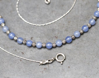 Sky Blue Agate Necklace - 20 Inch Sterling Silver Thin Chain and Small Stone Beads - Vintage Boho Layering Jewellery