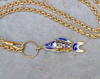 Articulated Fish Necklace - Antique Cloisonne Enamel Nautical Pendant on 24 Inch Gold Rolo Chain - Vintage Oxidised Layering Jewellery
