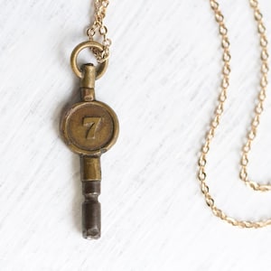 Pocket Watch Key Necklace Lucky Number 7 Brass and Copper Small Wind up Clock Key Fob Pendant Antique Vintage Eclectic Layering Jewellery
