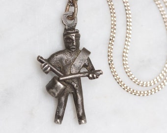 Drummer Boy Necklace - Sterling Silver Antique Primitive Pendant - Vintage Oxidised Layering Jewellery