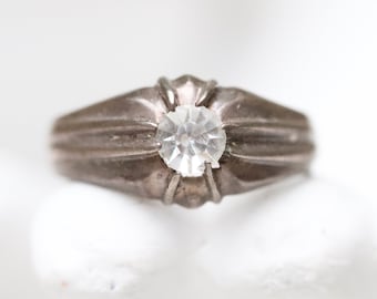 Art Deco Signet Ring Maat M - Sterling Zilver en Zirkonia Heren Pinky ring maat 7,5 - Vintage Geoxideerde Sieraden