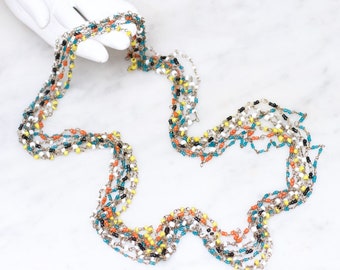 1970s Multicoloured Long necklace - Multi Strand Seed Beads in Yellow Blue Orange Black and White - Set of 7 Beaded Chains - Boho Jewellery