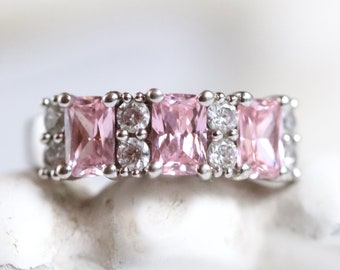 Pink Trinity Ring size P - Sterling Silver and Cubic zirconia 3 Stone Ring Size 7.5 - Vintage Oxidised Jewellery