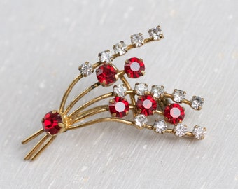 Art Deco Lapel Pin of Red and Clear Paste Stones on Brass - Bouquet Brooch - Antique Collar Pin - Vintage Oxidised Jewellery