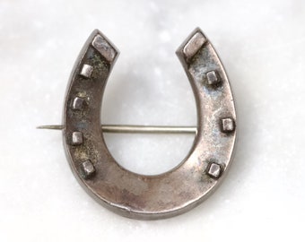Victorian Horseshoe Brooch - Antique Edwardian Silver Lucky Lapel Pin with Patina - Sweetheart - Vintage Oxidised Jewellery