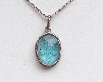 Libra Necklace - Aqua Blue Intaglio Pendant on Sterling Silver Choker - Reverse Carved Glass Zodiac Star Sign - Vintage Oxidised Jewellery